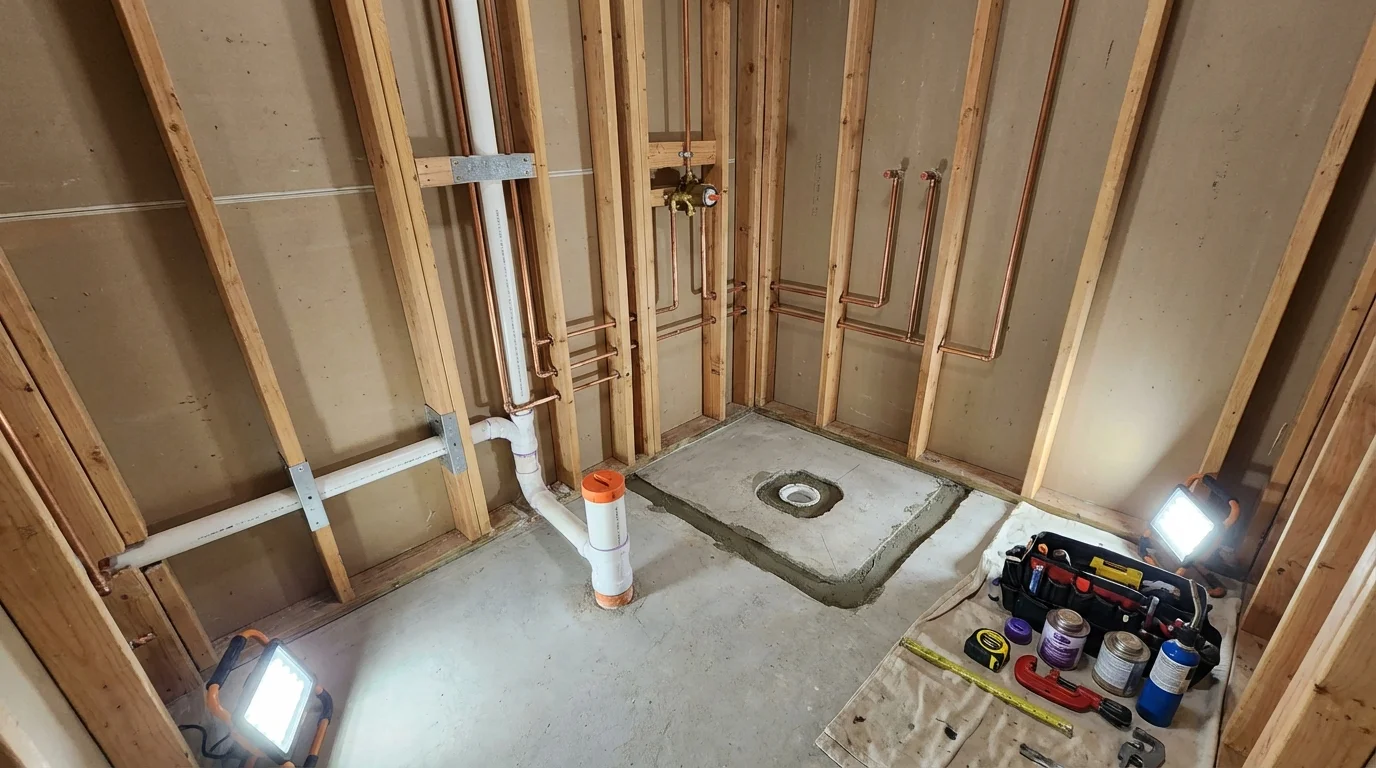 Bathroom rough-in plumbing during remodel by Johns Plumbing LLC in Hustisford