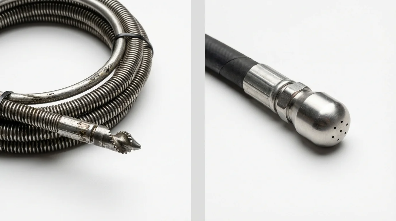 Drain snake cable and hydro jetting nozzle used for drain cleaning in Hustisford, WI