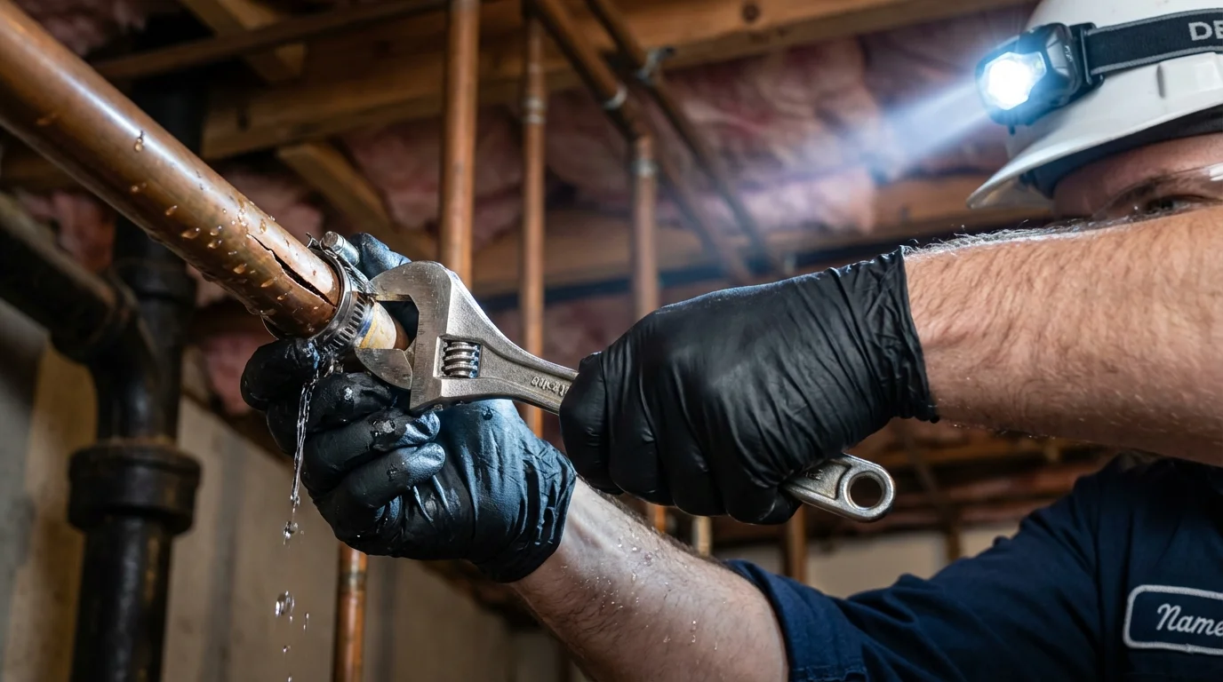 Emergency pipe clamp repair being performed by a Johns Plumbing LLC plumber in Hustisford