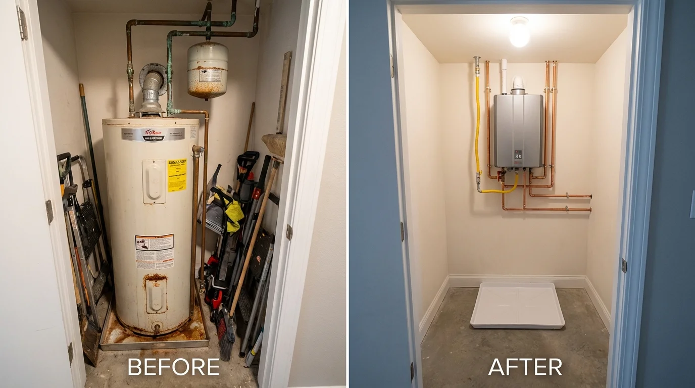Tank water heater versus wall-mounted tankless unit comparison for Hustisford, WI homeowners