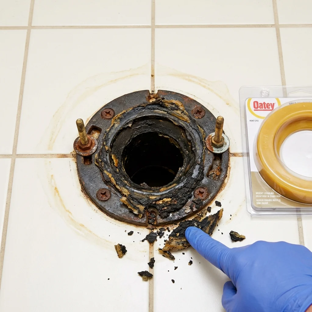 Failed wax ring showing water seepage at the base of a toilet in a Hustisford, WI home