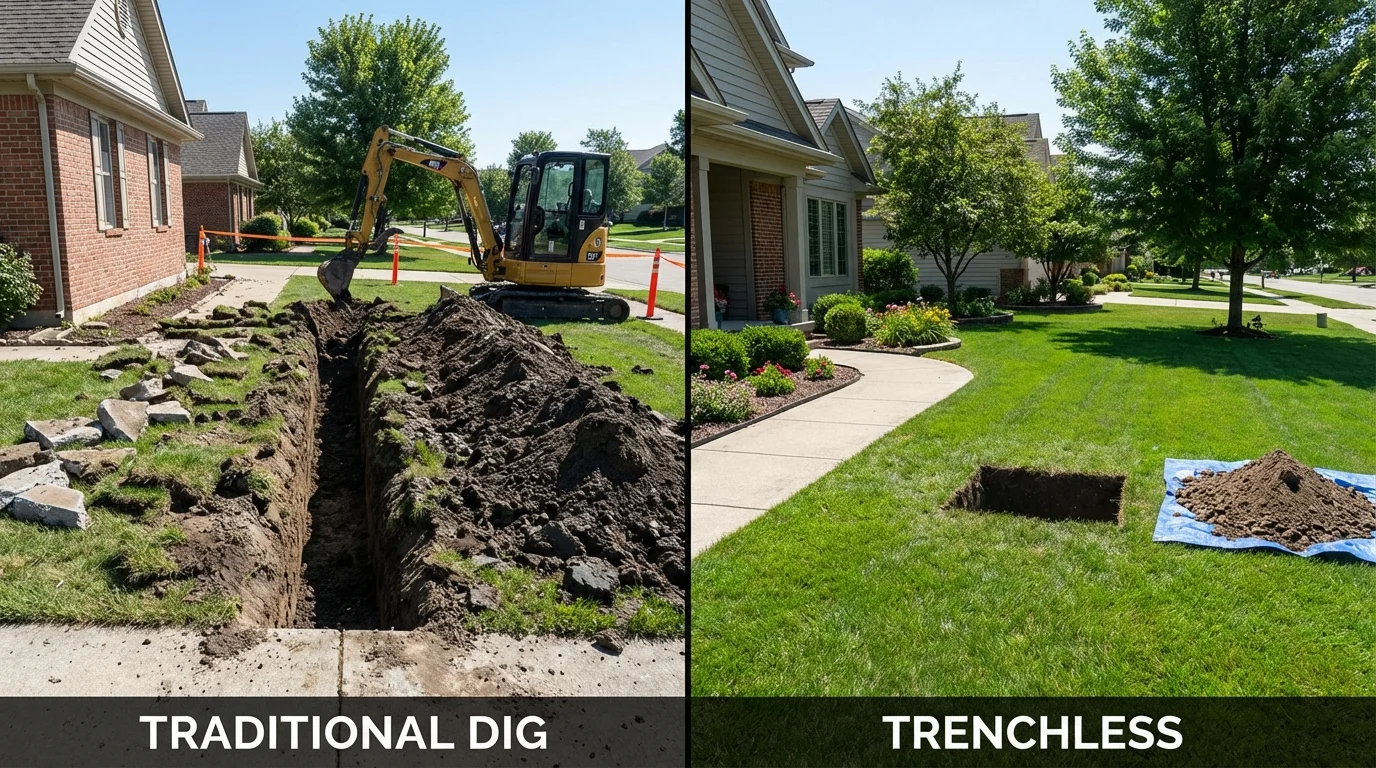 Trenchless sewer repair with minimal yard damage versus traditional excavation in Hustisford, WI