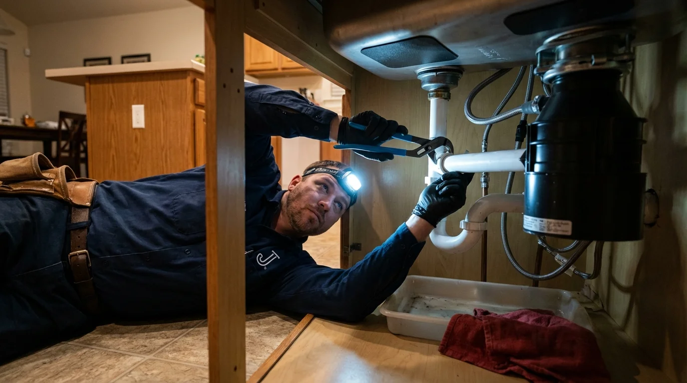 P-trap and supply line connections under a kitchen sink showing a common leak point in Hustisford, WI